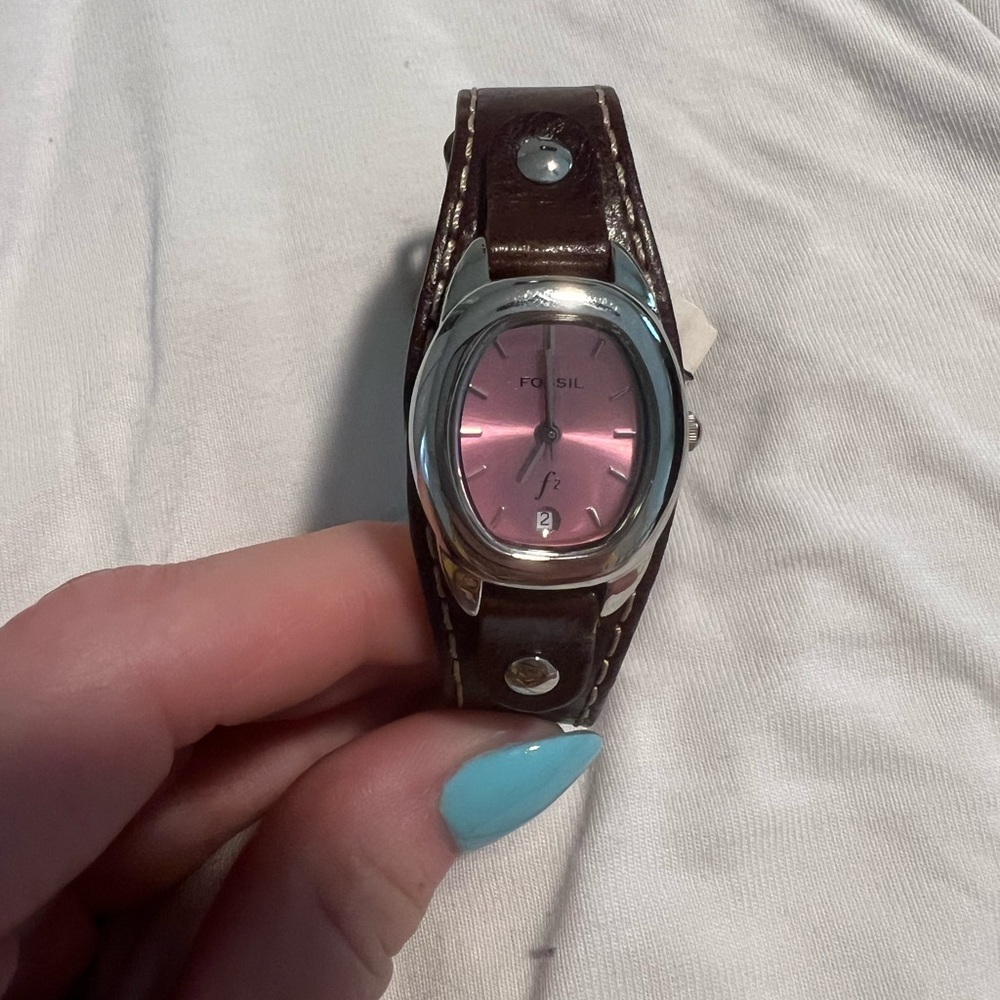Fossil Women's Pink Dial Brown Leather Watch